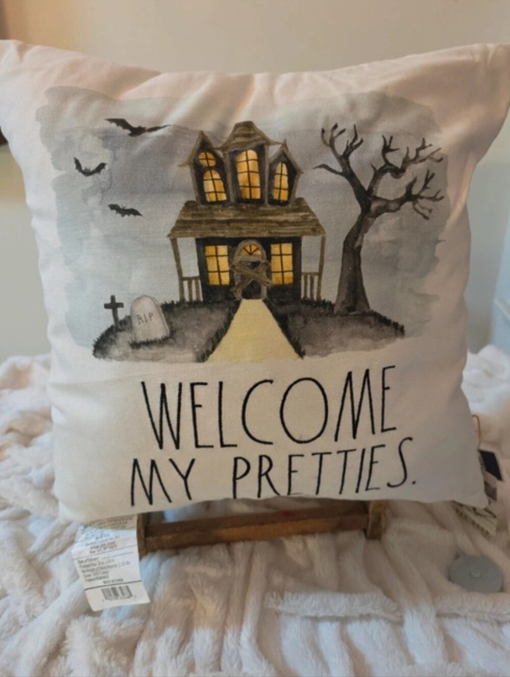 Rae Dunn Halloween Haunted House Decorative Throw Pillow - White/Cream